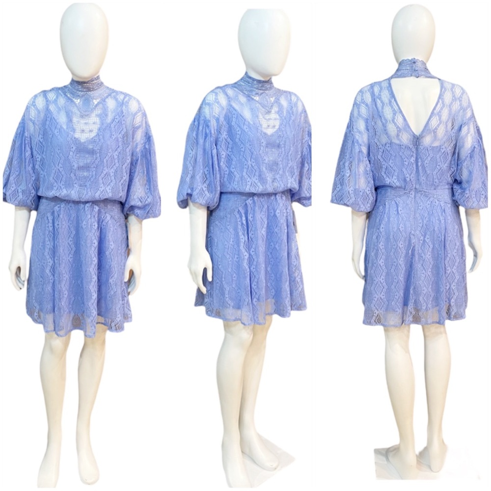 Free People Womens Lace Overlay Mock Neck Broadway Blue Mini Dress - Picture 12 of 12
